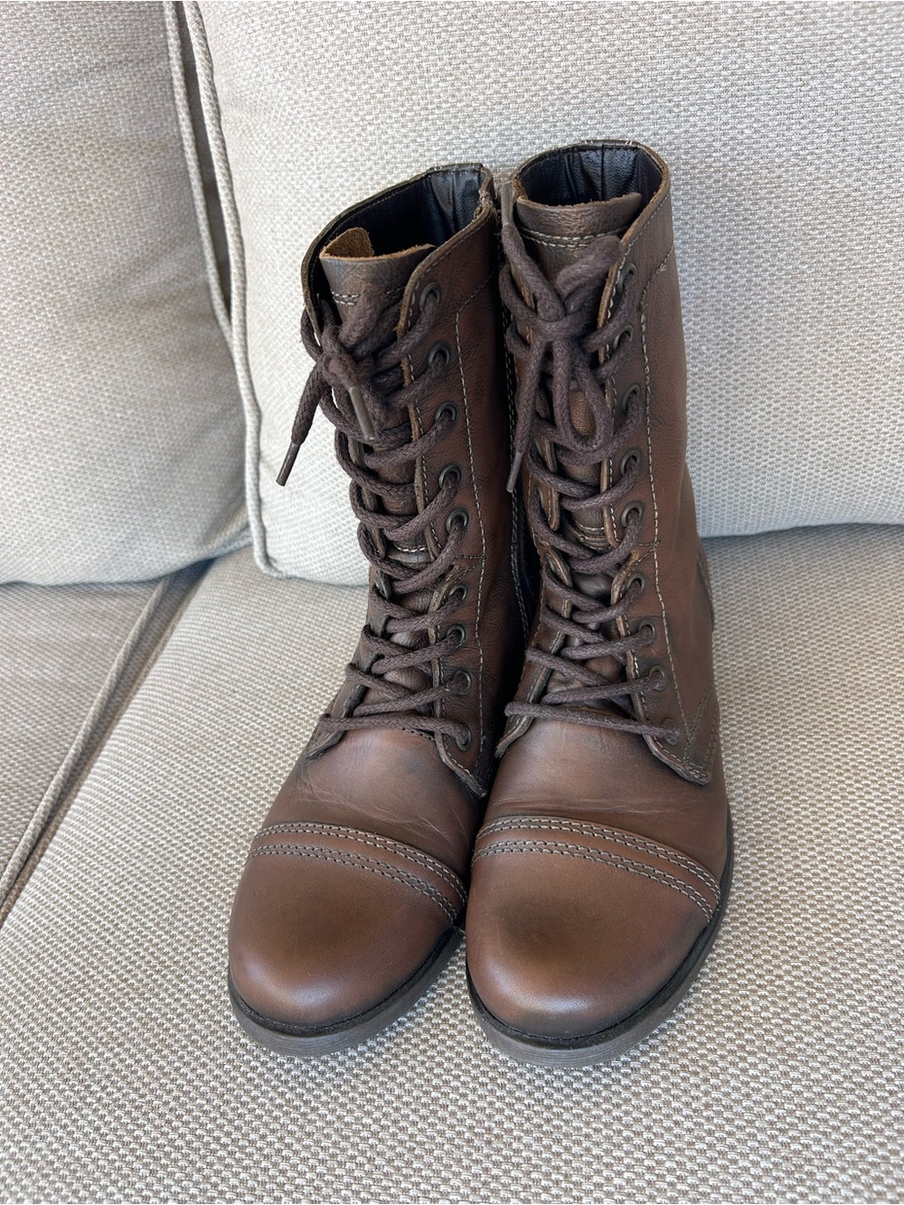 Troopa Steve Madden Brown Leather Lace-Up Combat Boots with Side Zip - Picture 2 of 5
